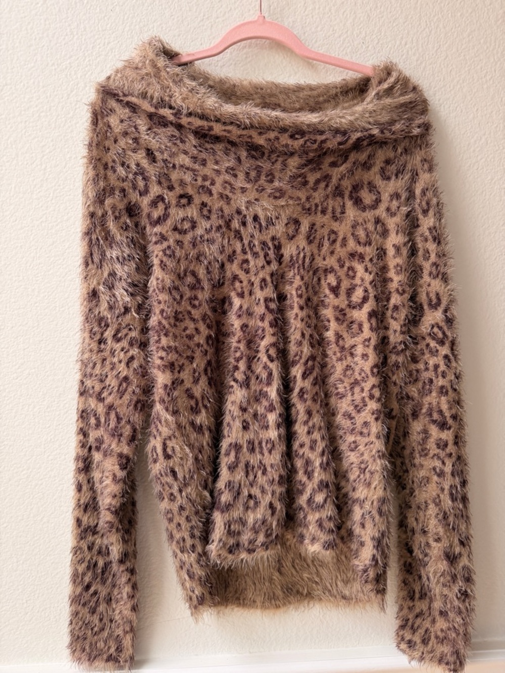 Leopard Fuzzy Cozy Soft Eyelash‎ Knit Sweater Off Shoulder Slouchy Y2K Grunge L